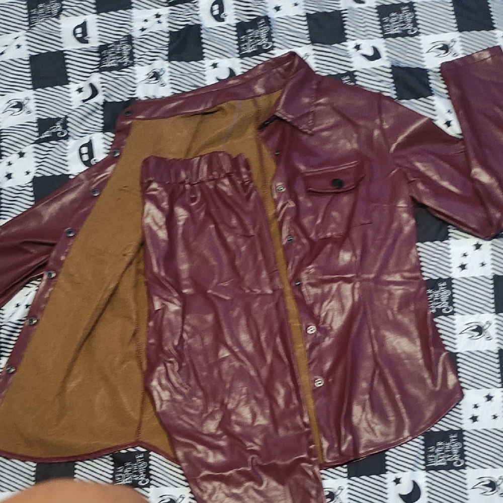 Burgundy Faux Leather Jacket and Pants Set